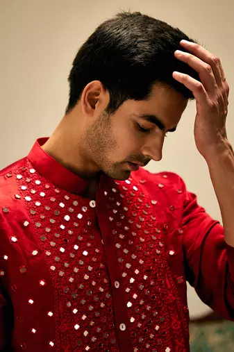 Red embroidered mirror work linen zaid kurta