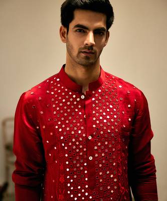 Red embroidered mirror work linen zaid kurta 5