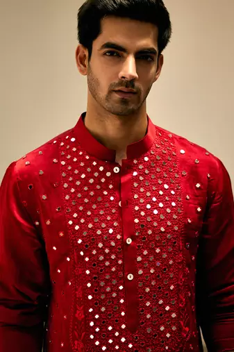 Red embroidered mirror work linen zaid kurta