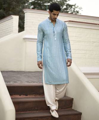 Blue embroidered mirror work georgette yasir kurta (sky blue) 1