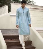 Blue embroidered mirror work georgette yasir kurta (sky blue)