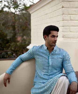 Blue embroidered mirror work georgette yasir kurta (sky blue) 2