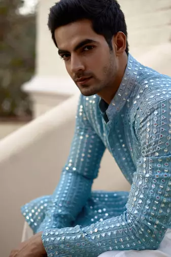 Blue embroidered mirror work georgette yasir kurta (sky blue)