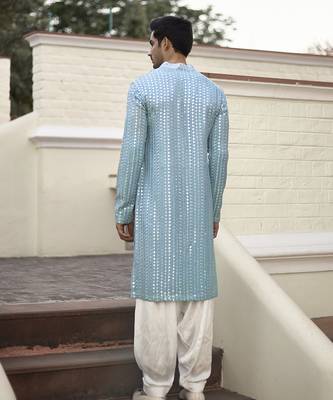 Blue embroidered mirror work georgette yasir kurta (sky blue) 4