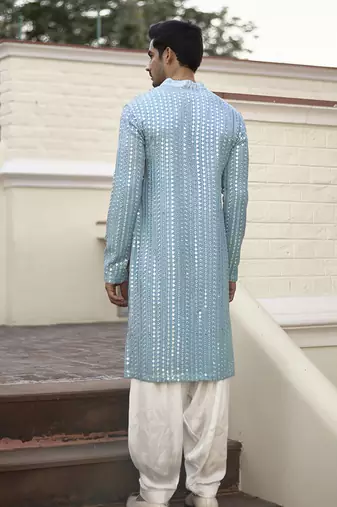 Blue embroidered mirror work georgette yasir kurta (sky blue)