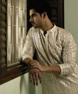 Beige embroidered mirror work georgette yasir kurta (soft beige) 2