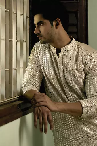 Beige embroidered mirror work georgette yasir kurta (soft beige)