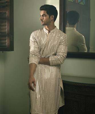 Beige embroidered mirror work georgette yasir kurta (soft beige) 3