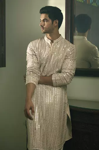Beige embroidered mirror work georgette yasir kurta (soft beige)