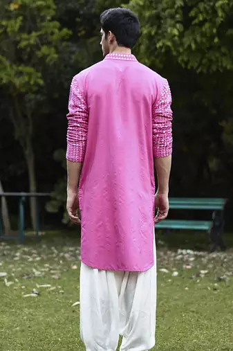 Pink embroidered mirror work georgette yasir kurta (rani pink)