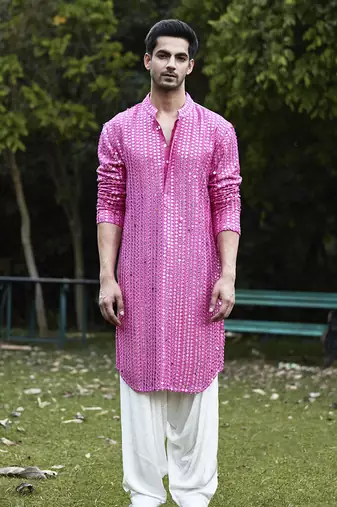 Pink embroidered mirror work georgette yasir kurta (rani pink)