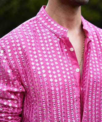 Pink embroidered mirror work georgette yasir kurta (rani pink) 4