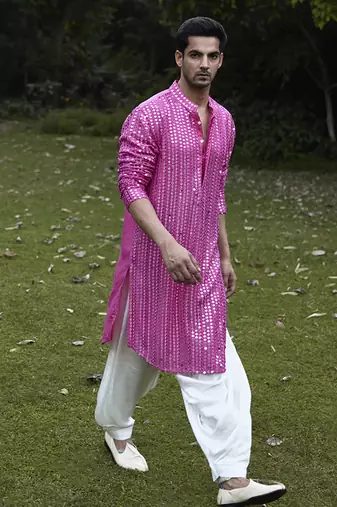 Pink embroidered mirror work georgette yasir kurta (rani pink)
