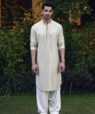 Green embroidered mirror work georgette yasir kurta (mint green) 1