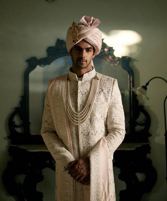 White embroidered mirror work cotton silk umrah sherwani set 1