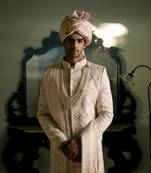 White embroidered mirror work cotton silk umrah sherwani set