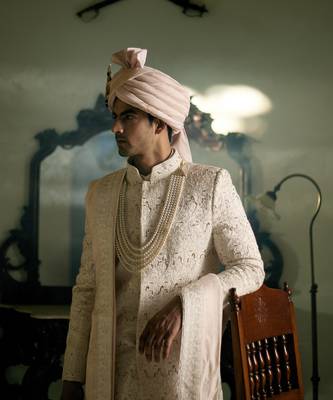 White embroidered mirror work cotton silk umrah sherwani set 2