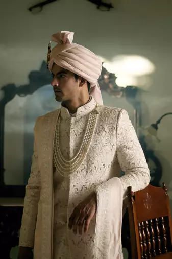 White embroidered mirror work cotton silk umrah sherwani set