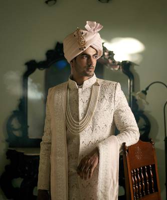 White embroidered mirror work cotton silk umrah sherwani set 3