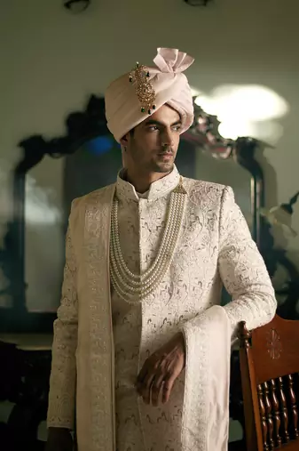White embroidered mirror work cotton silk umrah sherwani set