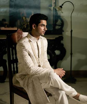 White embroidered mirror work cotton silk umrah sherwani set 4
