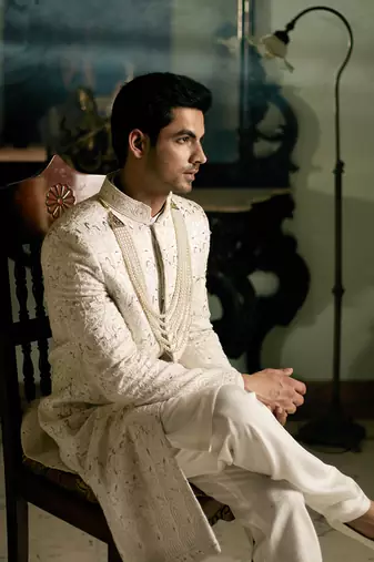 White embroidered mirror work cotton silk umrah sherwani set