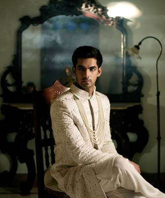 White embroidered mirror work cotton silk umrah sherwani set 5