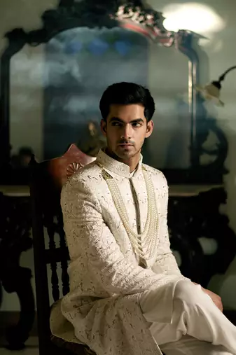 White embroidered mirror work cotton silk umrah sherwani set