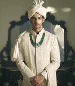 White embroidered mirror work georgette umerkot sherwani set