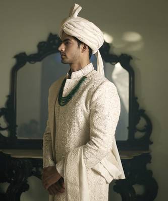 White embroidered mirror work georgette umerkot sherwani set 3