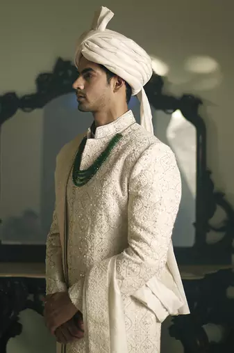 White embroidered mirror work georgette umerkot sherwani set
