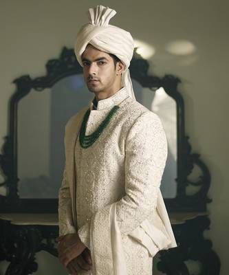 White embroidered mirror work georgette umerkot sherwani set 4
