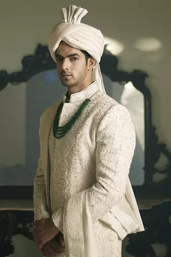 White embroidered mirror work georgette umerkot sherwani set