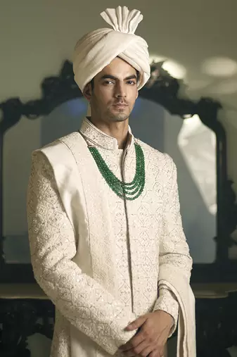 White embroidered mirror work georgette umerkot sherwani set