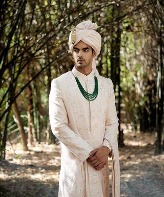 Pink embroidered mirror work cotton silk ameera sherwani set 1
