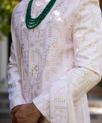 Pink embroidered mirror work cotton silk ameera sherwani set 2