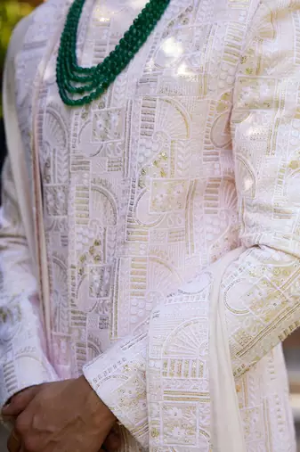Pink embroidered mirror work cotton silk ameera sherwani set