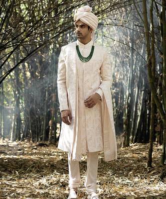 Pink embroidered mirror work cotton silk zahid sherwani (powder pink) 1