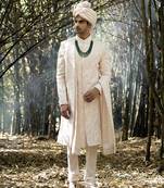 Pink embroidered mirror work cotton silk zahid sherwani (powder pink)