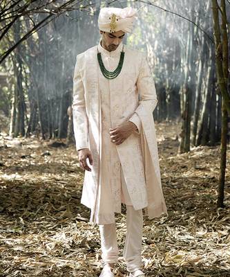 Pink embroidered mirror work cotton silk zahid sherwani (powder pink) 2