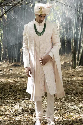 Pink embroidered mirror work cotton silk zahid sherwani (powder pink)