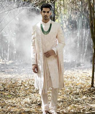 Pink embroidered mirror work cotton silk zahid sherwani (powder pink) 3