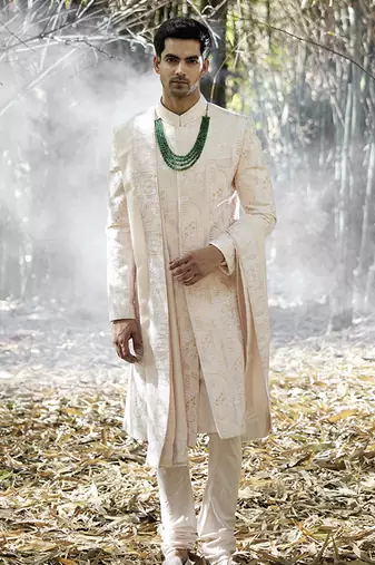 Pink embroidered mirror work cotton silk zahid sherwani (powder pink)