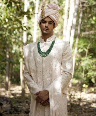 Pink embroidered mirror work cotton silk zahid sherwani (powder pink) 4
