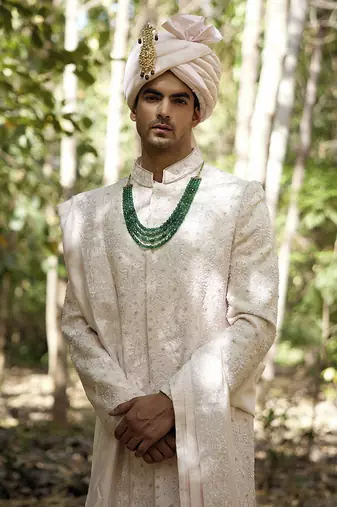 Pink embroidered mirror work cotton silk zahid sherwani (powder pink)
