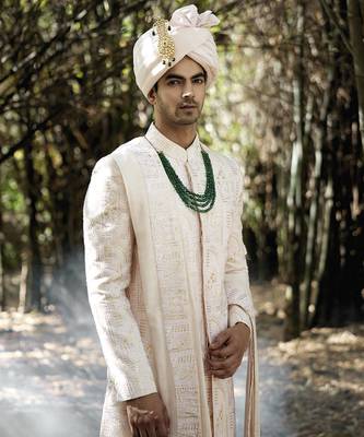 Pink embroidered mirror work cotton silk zahid sherwani (powder pink) 5