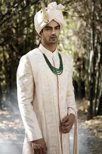 Pink embroidered mirror work cotton silk zahid sherwani (powder pink)