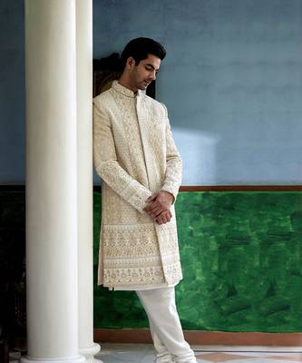 White embroidered mirror work cotton silk sadiqabad sherwani set 1