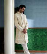 White embroidered mirror work cotton silk sadiqabad sherwani set