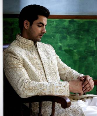 White embroidered mirror work cotton silk sadiqabad sherwani set 2
